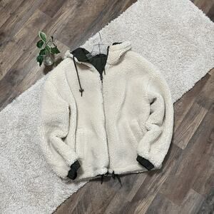 Lucky Brand Size Small Green Cream Faux Sherpa Quilted Puffer Reversible Coat